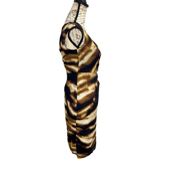Y2K Ann Taylor Ruched Silk Sheath Mini Dress Black Brown Abstract Print Sz 0 - Picture 7 of 10